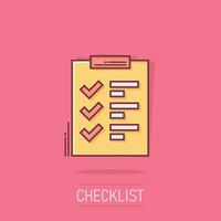 To do list icon in comic style. Document checklist cartoon vector illustration on isolated background. Notepad check mark splash effect business concept.