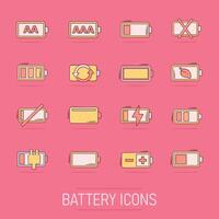 Battery charge icons set in comic style. Power level cartoon vector illustration on isolated background. Lithium accumulator splash effect business concept.
