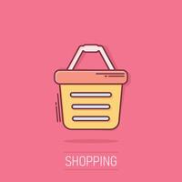 Add to cart icon in comic style. Shopping cartoon vector illustration on isolated background. Basket splash effect business concept.