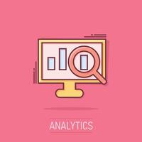 Website analytics icon in comic style. SEO data cartoon vector illustration on isolated background. Computer diagram splash effect business concept.