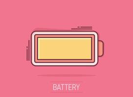 Battery charge icon in comic style. Power level cartoon vector illustration on isolated background. Lithium accumulator splash effect business concept.