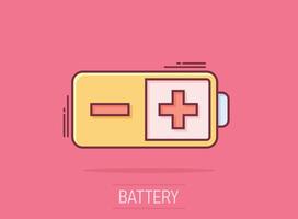 Battery charge icon in comic style. Power level cartoon vector illustration on isolated background. Lithium accumulator splash effect business concept.