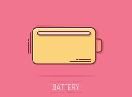 Battery charge icon in comic style. Power level cartoon vector illustration on isolated background. Lithium accumulator splash effect business concept.