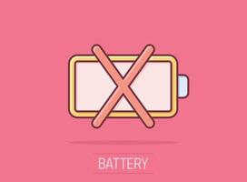 Battery charge icon in comic style. Power level cartoon vector illustration on isolated background. Lithium accumulator splash effect business concept.