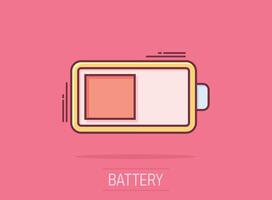 Battery charge icon in comic style. Power level cartoon vector illustration on isolated background. Lithium accumulator splash effect business concept.