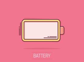 Battery charge icon in comic style. Power level cartoon vector illustration on isolated background. Lithium accumulator splash effect business concept.