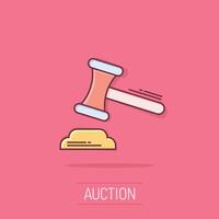 Auction hammer icon in comic style. Court sign cartoon vector illustration on isolated background. Tribunal splash effect business concept.