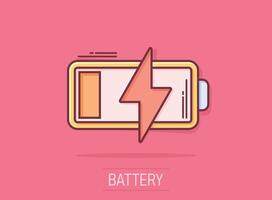 Battery charge icon in comic style. Power level cartoon vector illustration on isolated background. Lithium accumulator splash effect business concept.