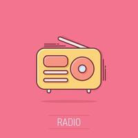 Radio icon in comic style. Fm broadcast cartoon vector illustration on isolated background. Radiocast splash effect business concept.