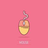 Computer mouse icon in comic style. Cursor cartoon vector illustration on isolated background. Pointer splash effect business concept.