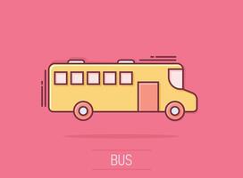 autobús icono en cómic estilo. entrenador dibujos animados vector ilustración en aislado antecedentes. autobus vehículo chapoteo efecto negocio concepto.