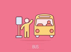 Bus station icon in comic style. Auto stop cartoon vector illustration on isolated background. Autobus vehicle splash effect business concept.