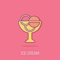 Ice cream icon in comic style. Sundae cartoon vector illustration on isolated background. Sorbet dessert splash effect business concept.