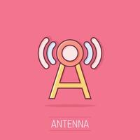 Antenna tower icon in comic style. Broadcasting cartoon vector illustration on isolated background. Wifi splash effect business concept.