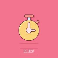 Clock icon in comic style. Watch cartoon vector illustration on isolated background. Timer splash effect business concept.