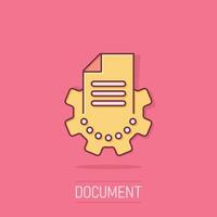 Document with gear icon in comic style. Big data processing cartoon vector illustration on isolated background. Paper sheet software  splash effect solution business concept.