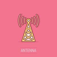 antena torre icono en cómic estilo. radiodifusión dibujos animados vector ilustración en aislado antecedentes. Wifi chapoteo efecto negocio concepto.