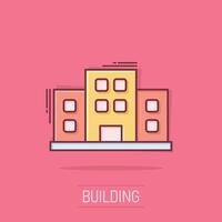 icono de signo de edificio de oficinas en estilo cómico. ilustración de vector de dibujos animados de apartamento sobre fondo aislado. concepto de negocio de efecto de salpicadura de arquitectura.