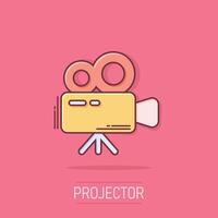 Projector icon in comic style. Cinema camera cartoon vector illustration on isolated background. Movie splash effect business concept.