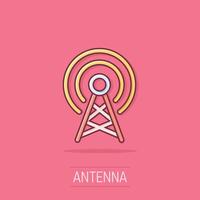 antena torre icono en cómic estilo. radiodifusión dibujos animados vector ilustración en aislado antecedentes. Wifi chapoteo efecto negocio concepto.