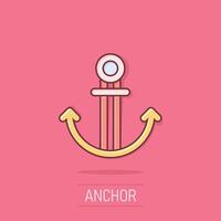 Boat anchor icon in comic style. Vessel hook cartoon vector illustration on isolated background. Ship equipment splash effect business concept.