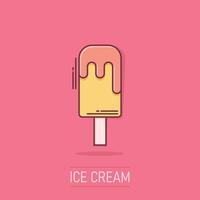 Ice cream icon in comic style. Sundae cartoon vector illustration on isolated background. Sorbet dessert splash effect business concept.