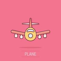 Plane icon in comic style. Airplane cartoon vector illustration on isolated background. Flight airliner splash effect business concept.