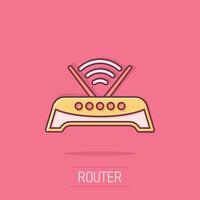 Wifi router icon in comic style. Broadband cartoon vector illustration on isolated background. Internet connection splash effect business concept.