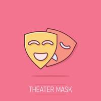 teatro máscara icono en cómic estilo. comedia y tragedia dibujos animados vector ilustración en aislado antecedentes. sonrisa cara chapoteo efecto negocio concepto.