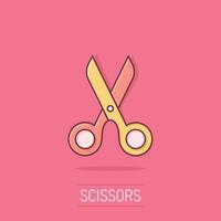Scissor icon in comic style. Cut equipment cartoon vector illustration on isolated background. Cutter splash effect business concept.
