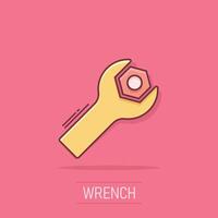 Wrench icon in comic style. Spanner key cartoon vector illustration on isolated background. Repair equipment splash effect business concept.