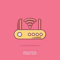 Wifi router icon in comic style. Broadband cartoon vector illustration on isolated background. Internet connection splash effect business concept.
