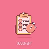 Document witch clock icon in comic style. Checklist survey cartoon vector illustration on isolated background. Fast service splash effect business concept.