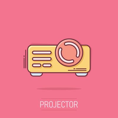 Video projector sign icon in comic style. Cinema presentation device cartoon vector illustration on isolated background. Conference splash effect business concept.