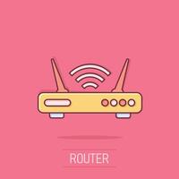 Wifi router icon in comic style. Broadband cartoon vector illustration on isolated background. Internet connection splash effect business concept.