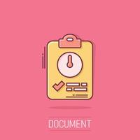 Document witch clock icon in comic style. Checklist survey cartoon vector illustration on isolated background. Fast service splash effect business concept.