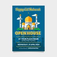 Eid Mubarak Flyer, Poster for Open House with mosque illustration design template vector