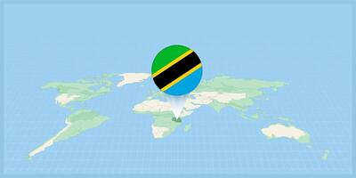 Location of Tanzania on the world map, marked with Tanzania flag pin. vector