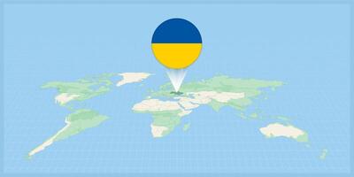 ubicación de Ucrania en el mundo mapa, marcado con Ucrania bandera alfiler. vector