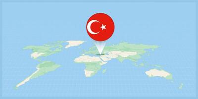 Location of Turkey on the world map, marked with Turkey flag pin. vector