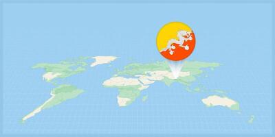 Location of Bhutan on the world map, marked with Bhutan flag pin. vector