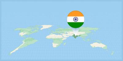 ubicación de India en el mundo mapa, marcado con India bandera alfiler. vector