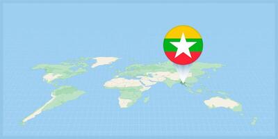 Location of Myanmar on the world map, marked with Myanmar flag pin. vector