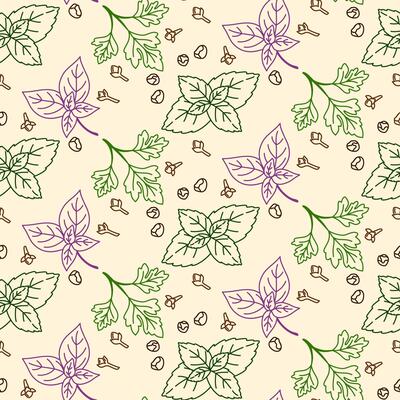 Vector seamless pattern with spices and herbs. Perfect for use to create culinary projects, branding, logo, menus, packaging, patterns, prints, textile design.