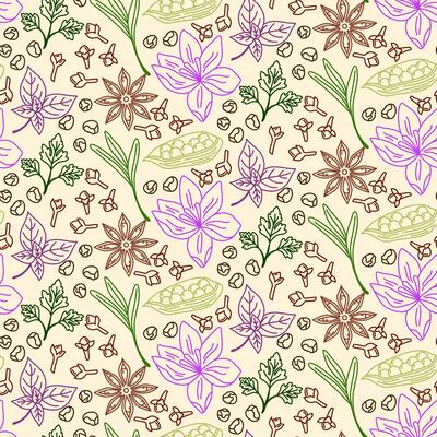 Seamless pattern with spices and herbs. Vector illustration. Line art. Perfect for use to create culinary projects, branding, logo, menus, packaging, patterns, prints, textile design.