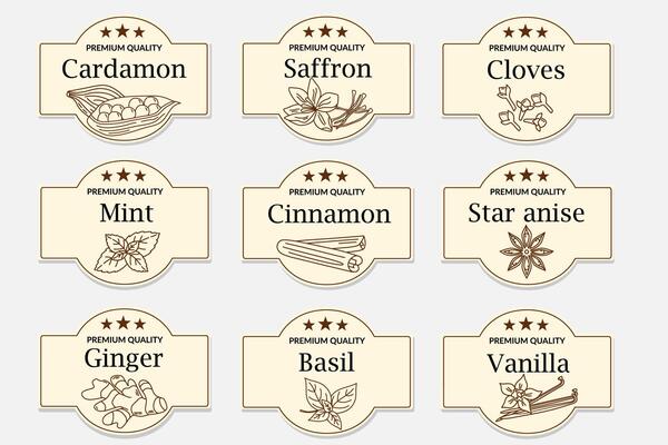 Vector set of label with different spices. Line art. Food illustration for menus, packaging and other culinary projects.