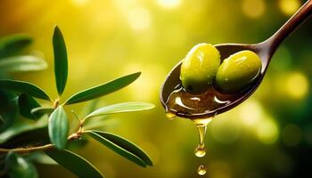 AI generated Branch of olive fruit and olives with drops of oil in spoon on blurred green background photo