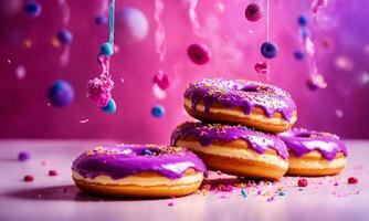 AI generated Wonder bright colourful pink purple joy donuts  in plain background and bokeh soft light spots background. photo