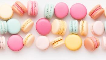 AI generated Top-view colorful macarons on white flat lay background, including pink and mint flavors on a white background, pattern, tile, textures, background photo