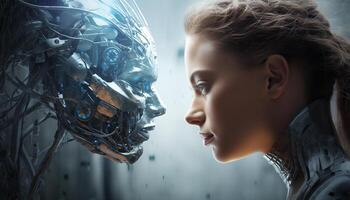 AI generated Woman opposite AI. The concept of confrontation betwe photo